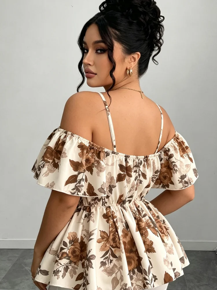 Plus-Size Blumenmuster Off-Shoulder Bluse für Damen, Spaghettiträger, Rüschen-Peplum-Top, Vintage-Print, schmale Taille, lässiges Sommerhemd – Detail 5