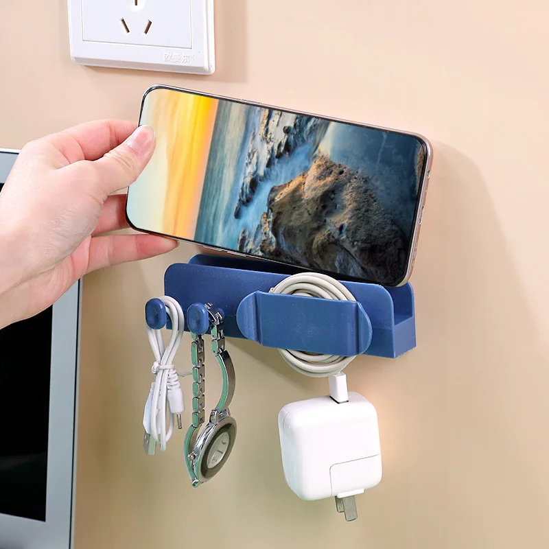 Wall Mobile Phone Holder Plug Phone Charging Stand Household Cord Storage Box Bracket Mounted Cable Organizer Holder with Hook