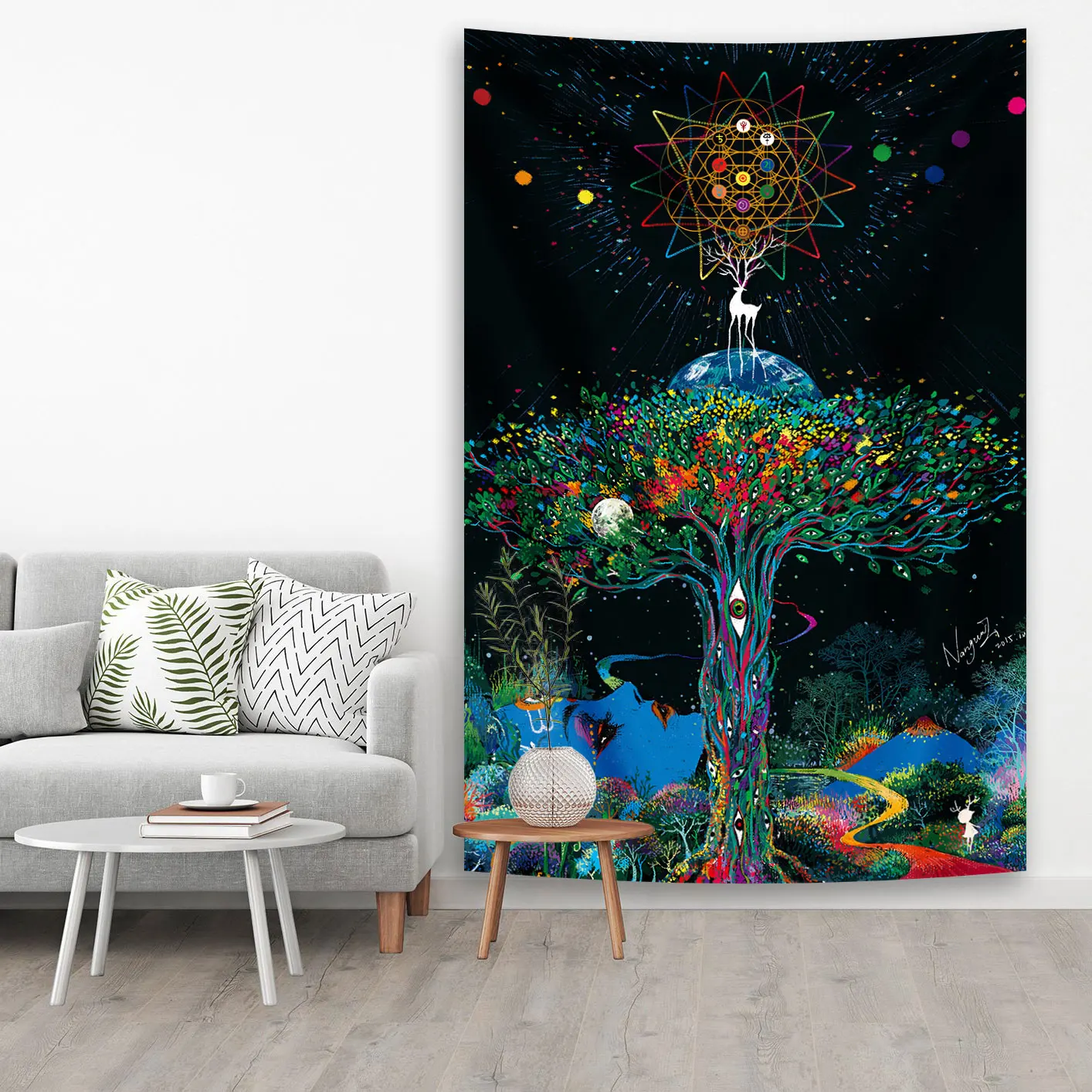 QdDeco Psychedelic Scene Tapestries The Tree Of Life Printed Backdrop Cloth Bohemian Hippie Aesthetic Home Decoratons