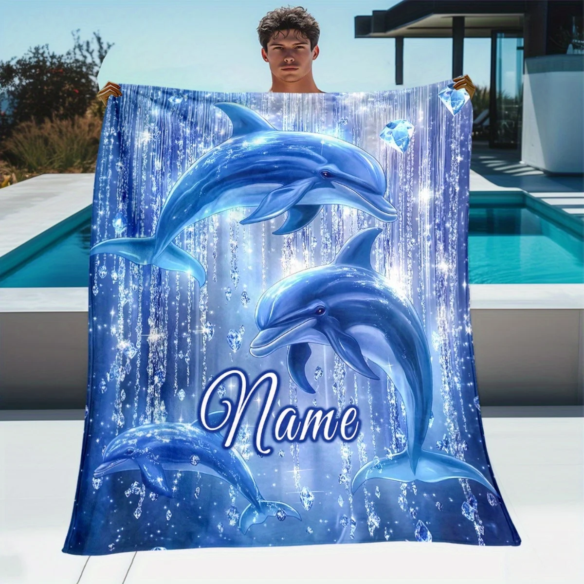 1 customized dolphin in blue ocean portable blanket lightweight flannel shawl with vivid underwater scenes, soft and durable, su