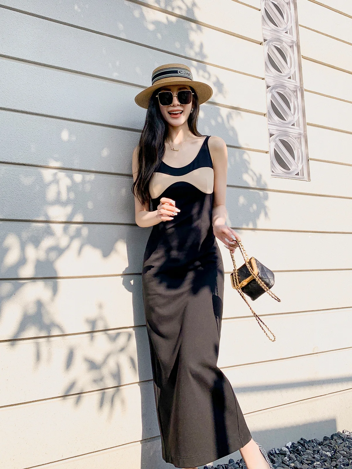 

Frida Color Blo Slim Fit Svel U Ne Strap Dr Women's Ele Long Skirt V Ne H pe Silhouette Commute Sle