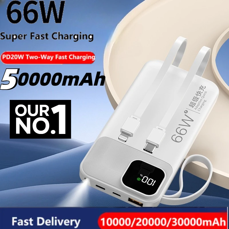 Портативная внешняя батарея с быстрой зарядкой, 50000 мАч, 66 Вт, высокая емкость с кабелем, внешний аккумулятор для Iphone Xiaomi, резервная батарея Портативная внешняя батарея с быстрой зарядкой, 50000 мАч, 66 Вт, высокая емкость с кабелем, внешний аккумулятор для Iphone Xiaomi, резервная батарея