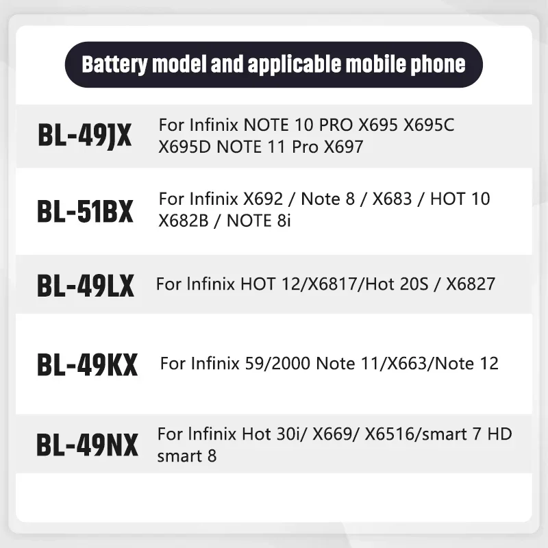 BL-49JX BL-51BX BL-49LX BL-49KX BL-49NX Battery New For Infinix Note Hot 12 X692 X669 8 8i 10 11 20S 59 30i Pro smart 7 8 X6817