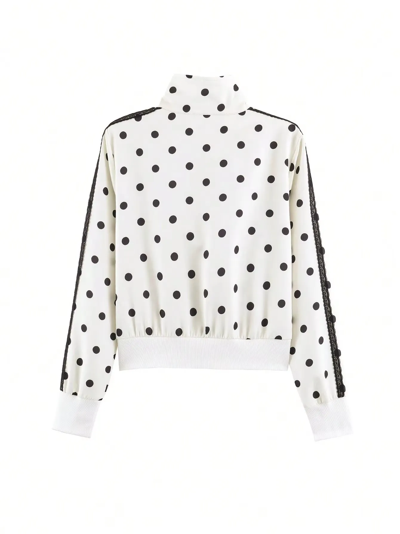 HH Damen Mode Polka Dot Anzug mit Spitzenseitenstreifen, Stehkragen, Langarm-Chic-Top, Elastische Taille, Lockerer Rock, Herbst Casual Damenkleidung – Detail 4