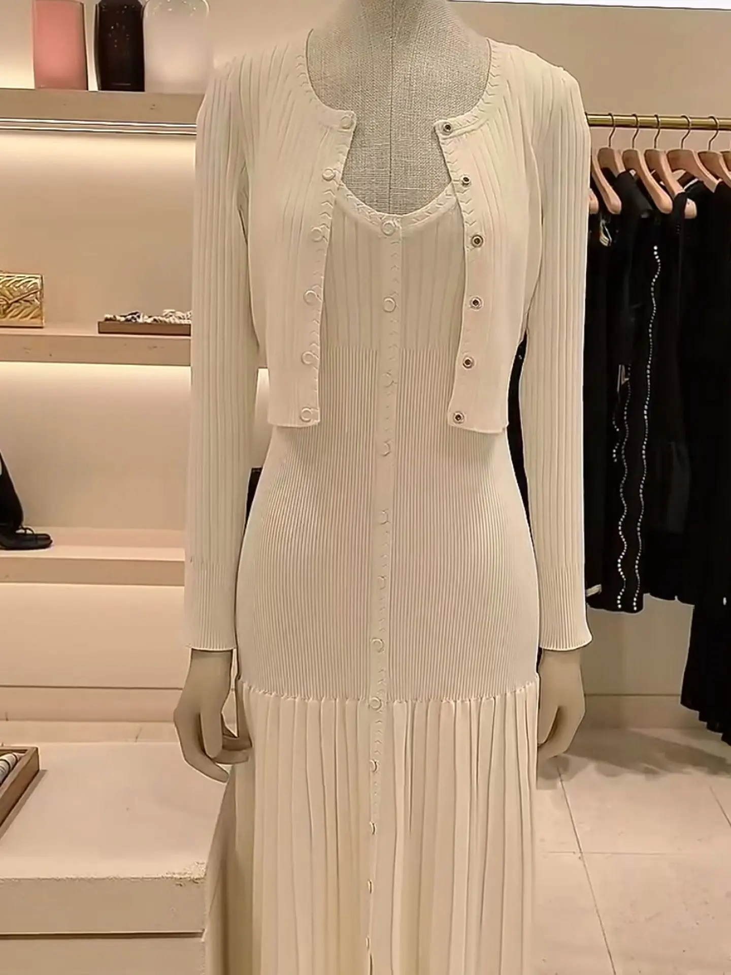 

Летний женский новый вязаный костюм-двойка: платье без рукавов на одной пуговице + элегантный женский комплект с длинными рукавами