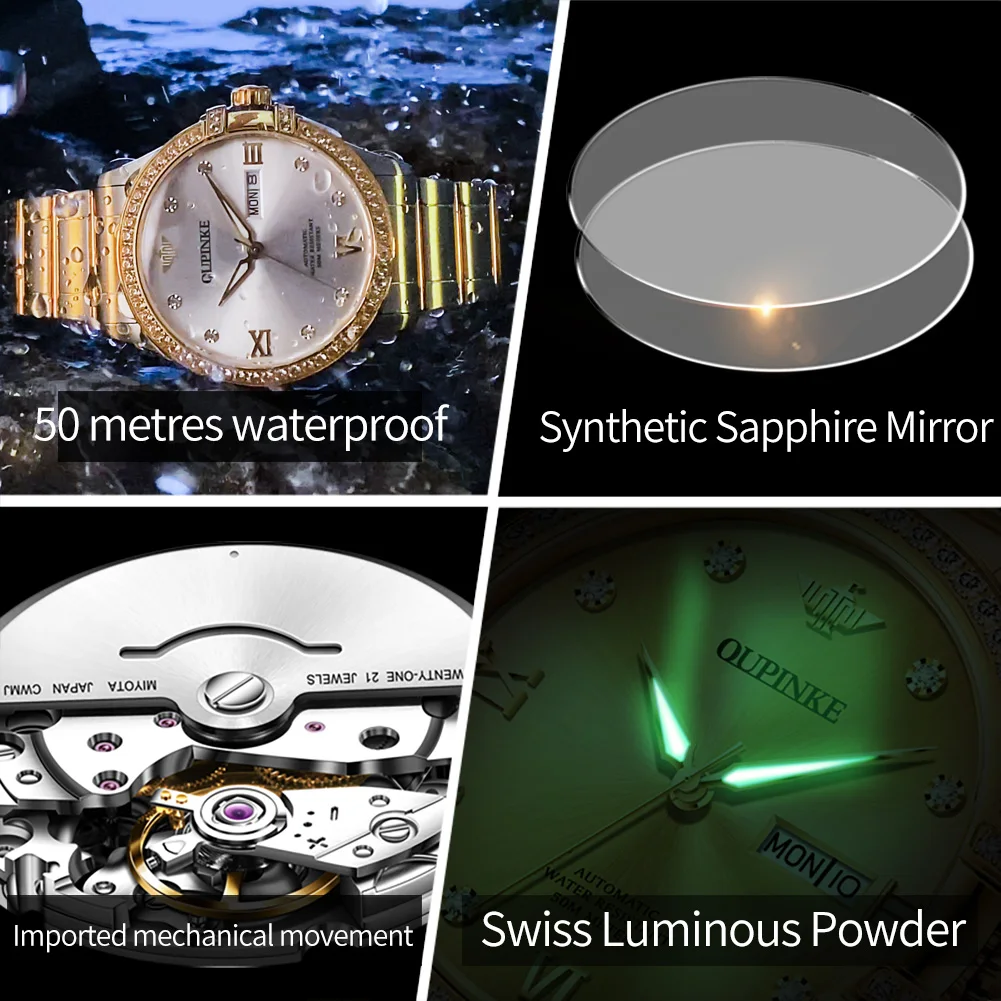 ساعات رجالية OUPINKE فاخرة من الفولاذ الناعم ساعة ميكانيكية أوتوماتيكية أصلية للرجال إطار ماسي مقاوم للماء تاريخ مضيء