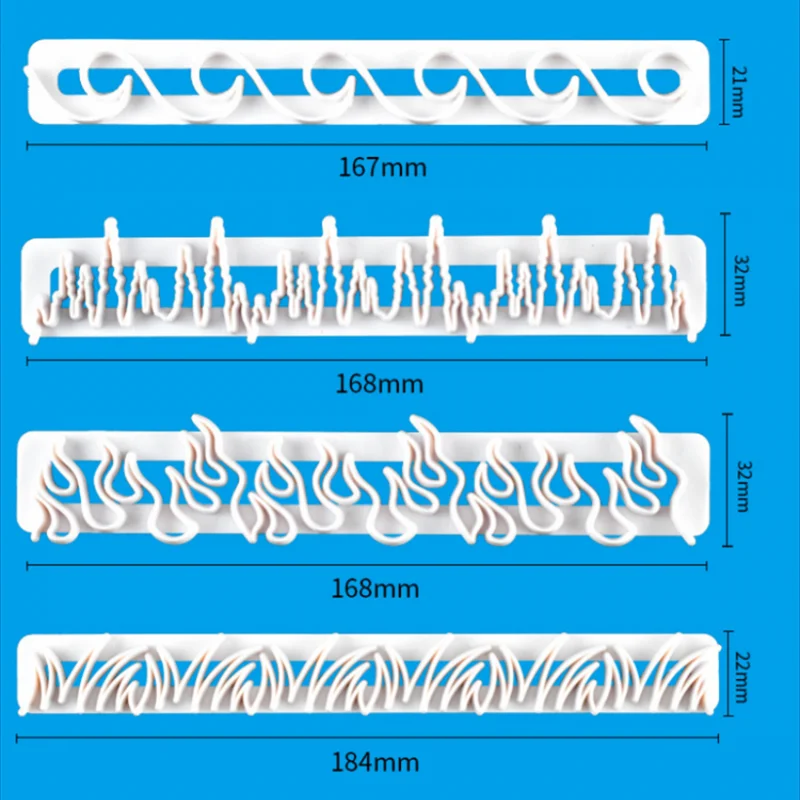 4Pcs Cookie Fondant Pastry Cutters Grass Waves Fire Ice Shape Cake Around Decor Baking Accessories Wedding Birthday Cake Decor