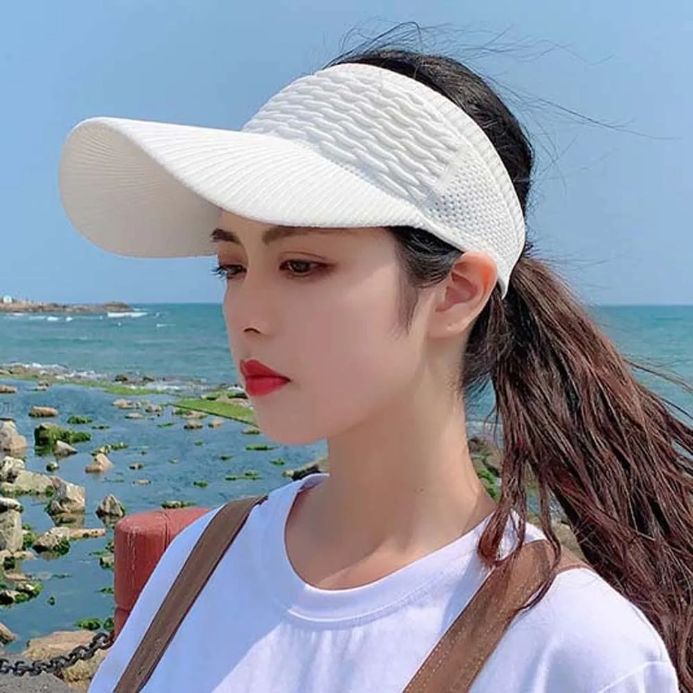 Portable Fish Scale Knitted Visor Cap Solid Color Breathable Long Brim Sun Cap Polyester Versatile Sunscreen Empty Top Hat