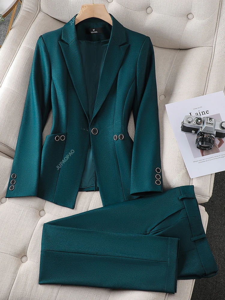 Formal Blazer and Pant Suit for Women Solid Jacket and Trouser Female Business Work Wear Green Purple Blue Black 2 Piece Set