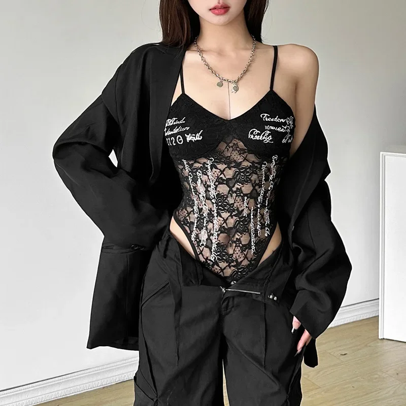 European and American style autumn new women's clothing urban charm personality text embellishment solid color sexy lace onesie