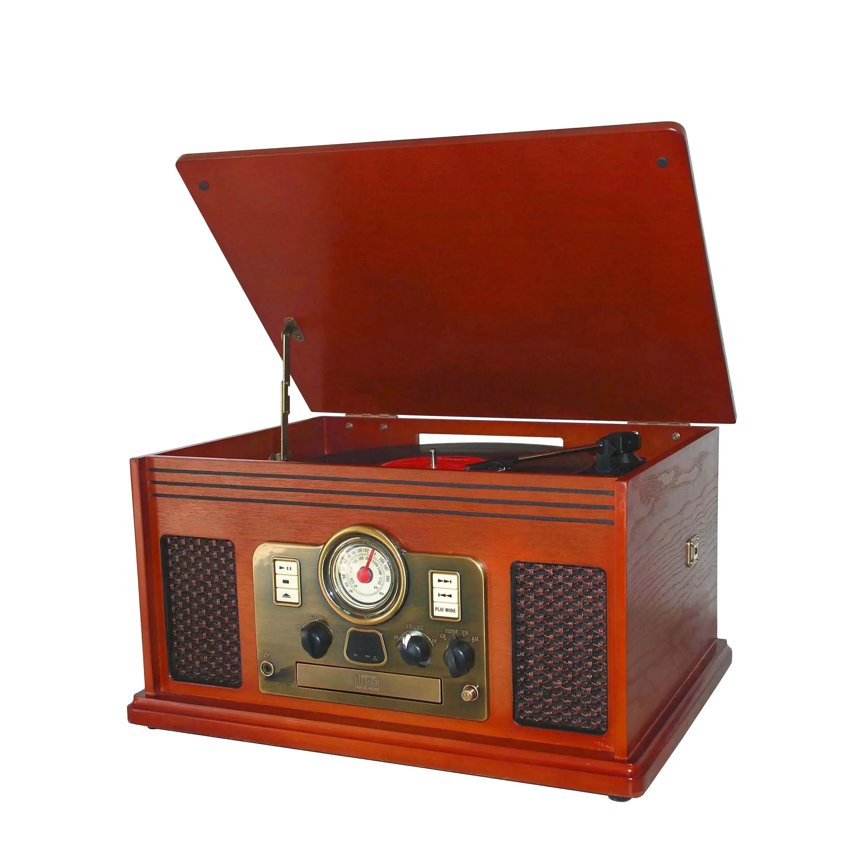 

Hot Sale Classic Retro Modern Wooden Turntable CD Player AM/FM Analog Tuning Music Combo With Built-in Stereo Speaker
