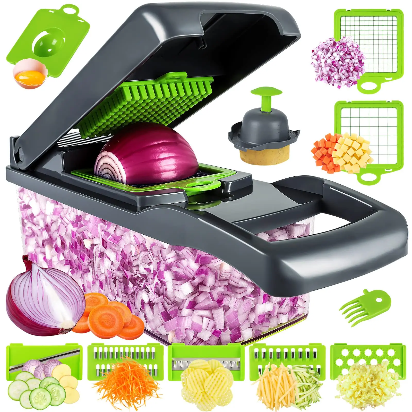 

Multifunctional Kitchen Vegetable Chopper Onion Slicer Dicer Veggie Egg Carrot and Garlic Slicer With Container With 8 Blades