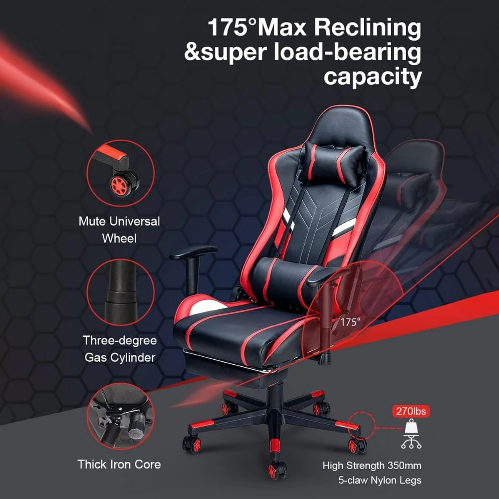 Massage Gaming Chair, Chair with Footrest and Lumbar Support, Adjustable Seat Height , Thickened and Widened Cushions Backrest