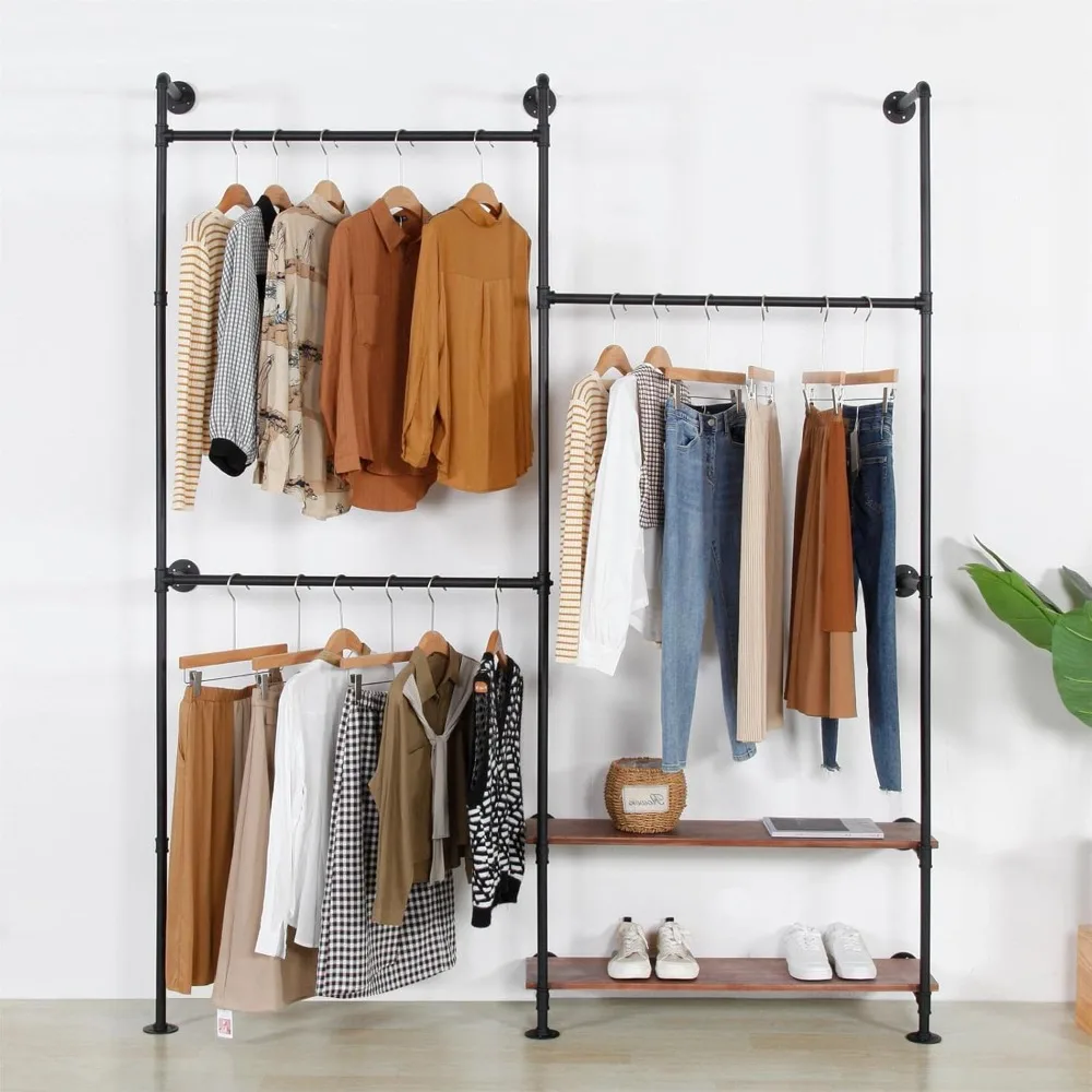 Wall Mounted Industrial Pipe Clothing Rack Wood Garment Rack Hanging Clothes Rack Multi-purpose Heavy Duty Hanging Rod,