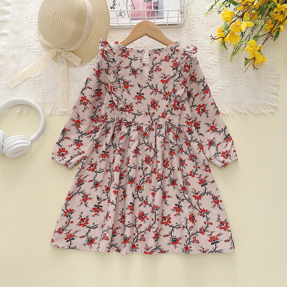 Girl's Autumn Dress Random Guofeng Printed Pleated Lace Long Sleeve Daily Casual Dress Children's Clothing