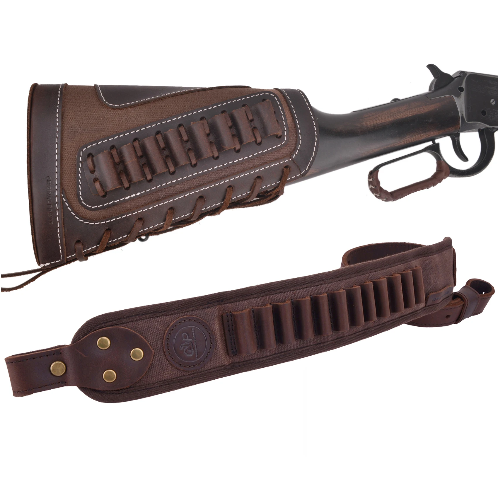 1 Suit Of Vintage Leather Rifle Buttstock Recoil Pad With Ammo Holder Sling  Hunting  For .357, .30-30, .38 .32Win Spcl.32-40