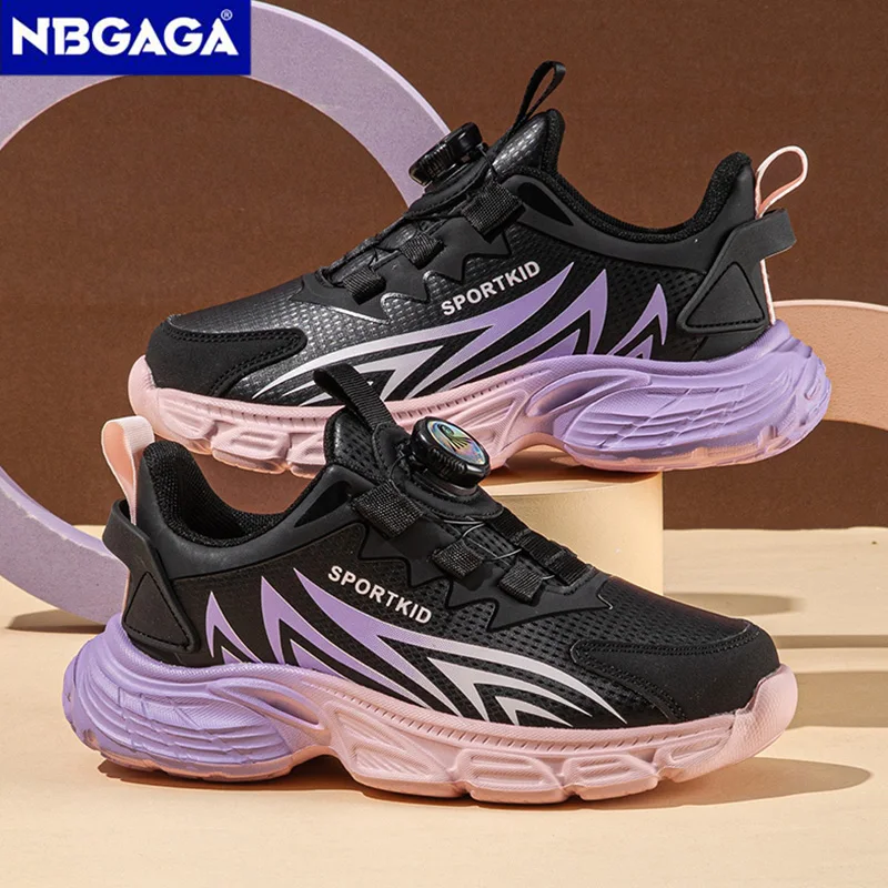 Autumn Winter Children Girls Leather Sport Shoes Rotating Button Design Anti‑Slip Running Sneakers For Student Outdoor Walking