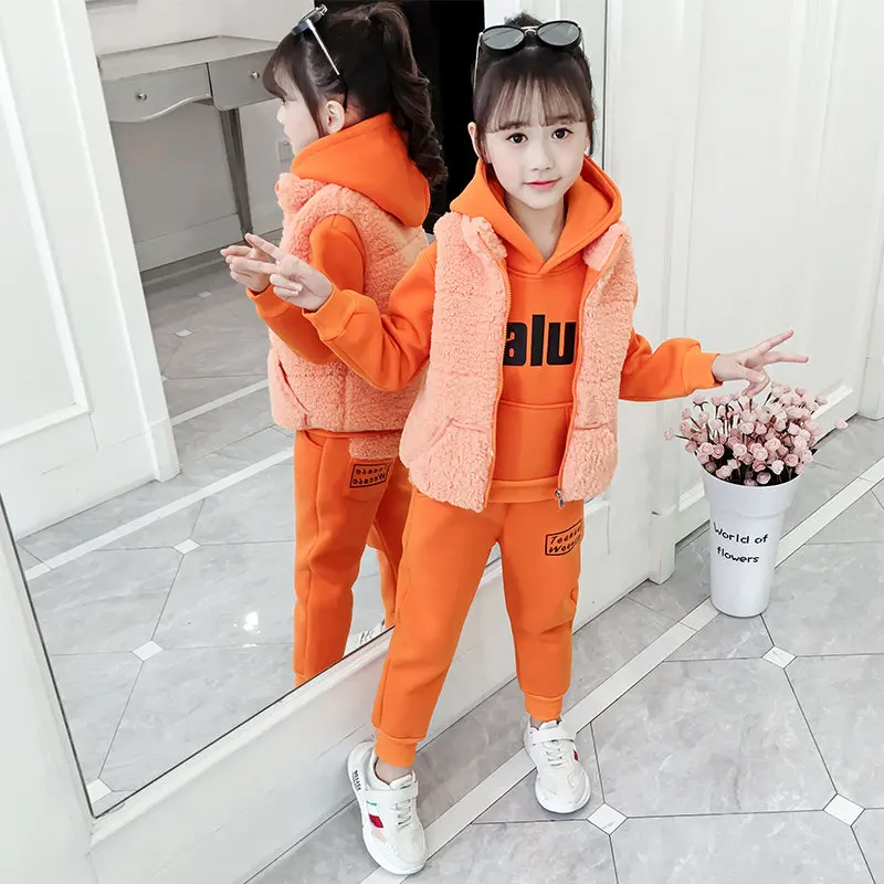 

Winter Baby Girls Clothing Set Kids Thicken Warm Pants Suit Children Plus Velvet Tracksuit Toddlers Hooded Vest 3Pcs/Set 4-13Yrs