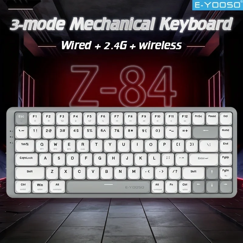 

E-YOOSO Tri-Mode 2.4GБеспроводная/Bluetooth/проводная механическая клавиатура 84 клавиши RGB 19 режимов подсветки двухцветная игровая клавиатура с колпачком