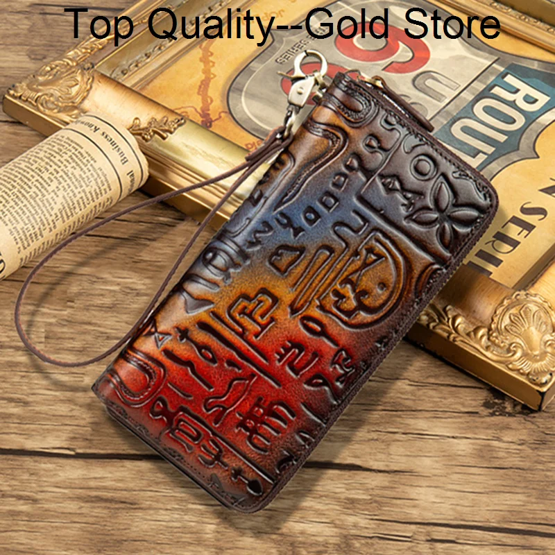 

Genuine Leather Wrist Long Purse Multi-Capacity ID/Credit Cards Holder Vintage High Quality Embossed Women Clutch Handy Wallet