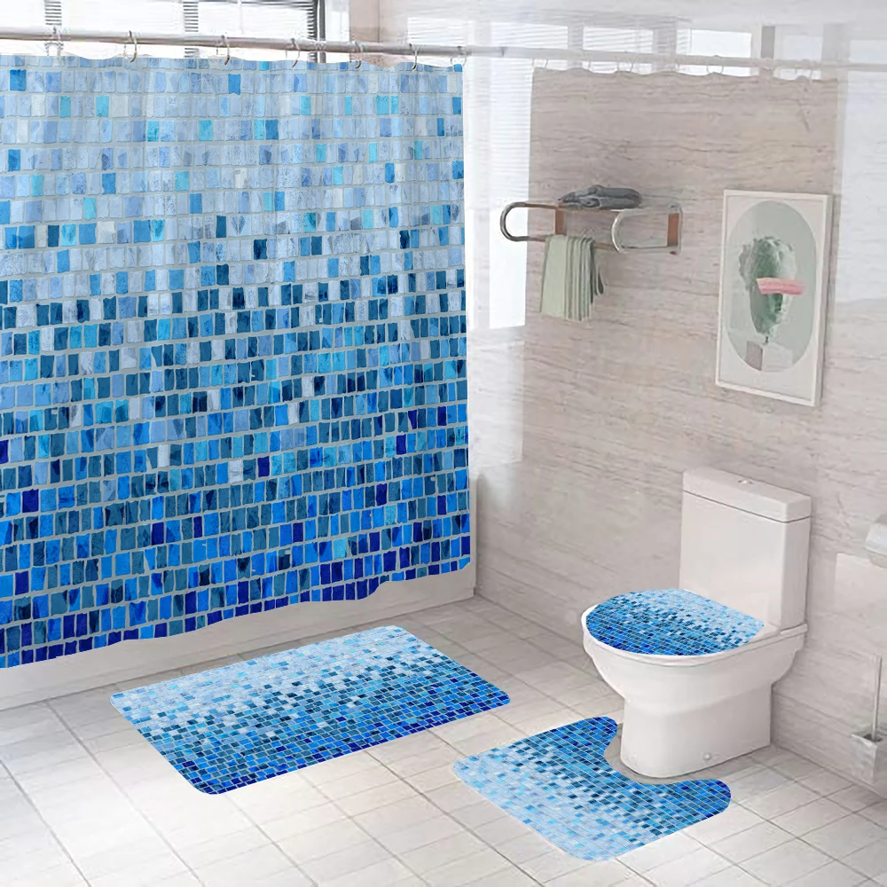 Modern Blue Mosaic Pattern Fabric Shower Curtain Set with Hooks Toilet Covers Seat Bath Mats for Bathroom Non-slip Rug Carpet