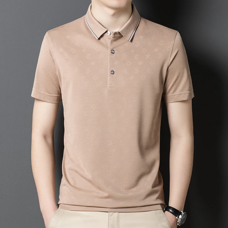 2022 Mulberry Silk Summer Men's Polo Shirts Luxury Short Sleeve Jacquard Male T-shirts Solid Color Slim Fit Man Tees 4XL