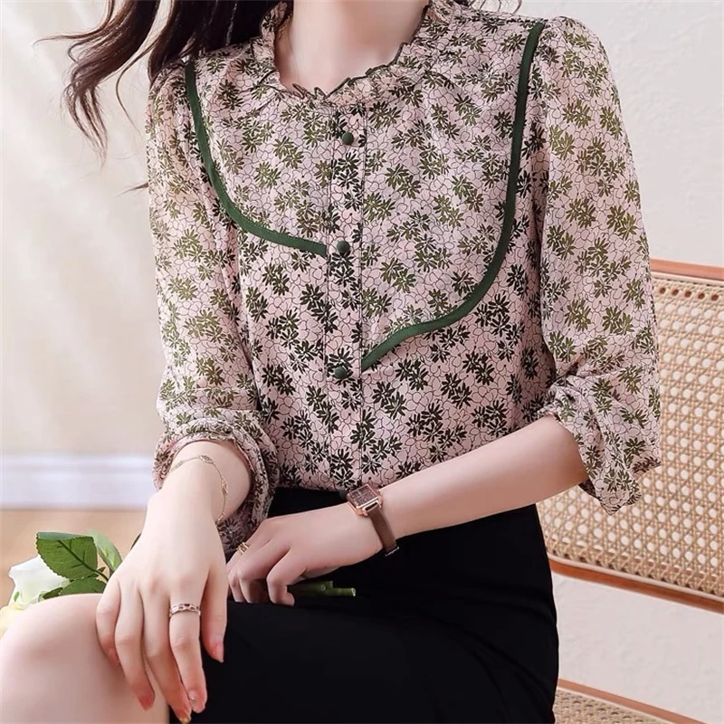 2023 Women Ruffled Floral Print Sweet Shirts Fashion Elegant Chic Chiffon Blouse Casual Long Sleeve Loose Tops Blusas Para Mujer