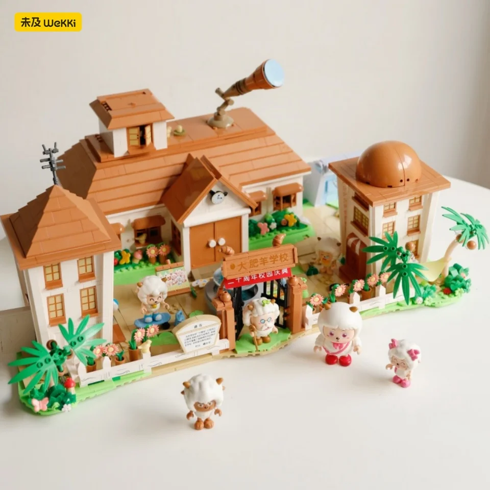 

Cartoon Anime Sheep's School Building Blocks Chubby Coat School Assembly Model Street Scene Architecture Ornament Toy Gif