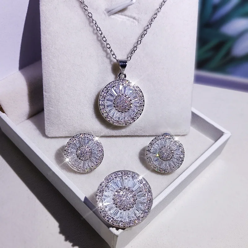 Latest Exquisite White Round Zircon Necklaces Earrings for Women Romantic Bridal Jewelry Set Wedding Accessories Couples Gifts