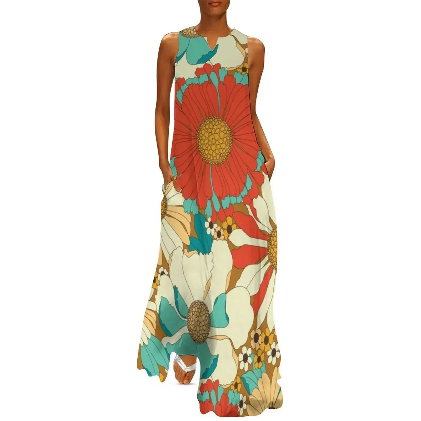 

Red, Orange, Turquoise & Brown Retro Floral Pattern Long Dress women's elegant loose dresses Dress