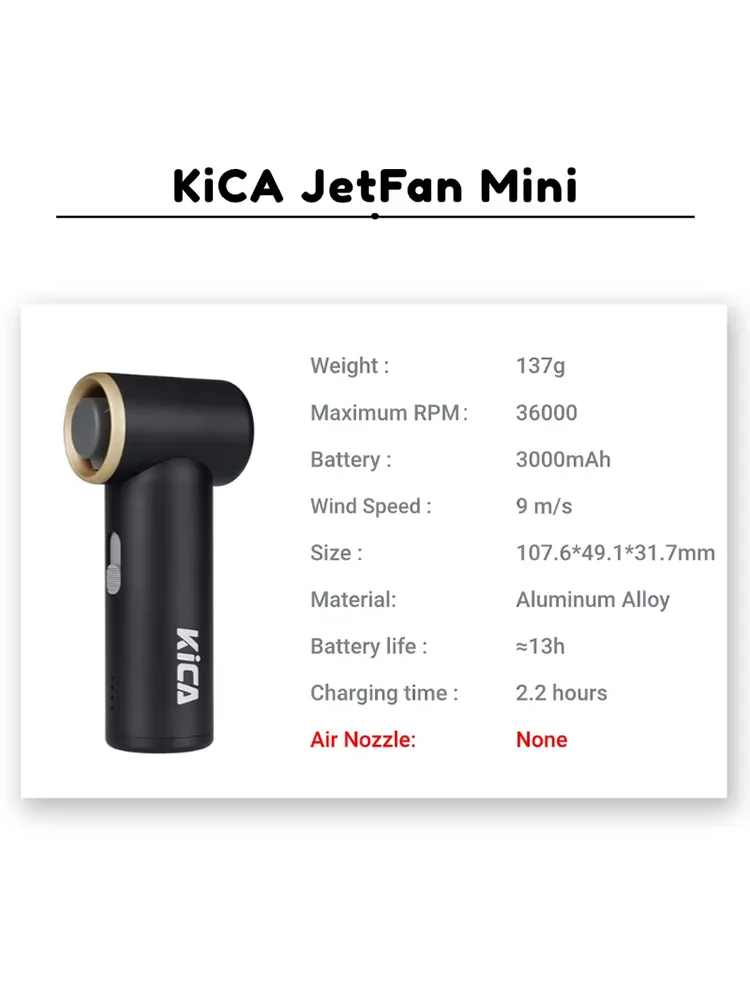 KiCA Portable JetFan-Mini Air Blower Pocket Turbo Fan Rechargeable 13-Hour Battery Life 36000rmp for Cooling, Dusting, Camping