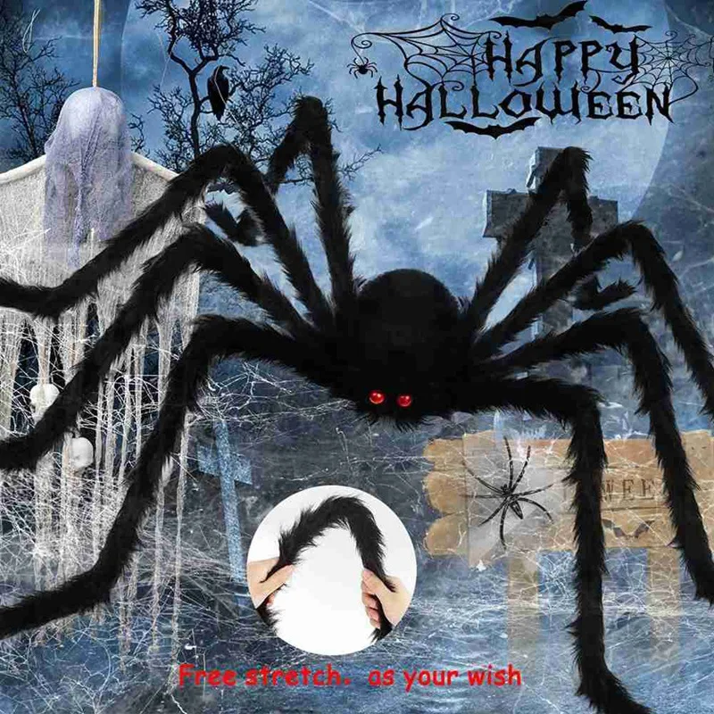 Giant Plush Spider Ornament Pseudo-Hairy Spider With Red Eyes Skeleton Spider Halloween Horror Decorations