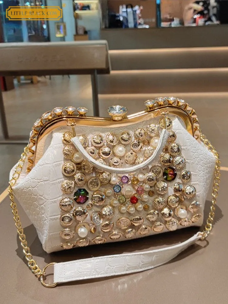 

Office Ladies New Versatile Buckle Casual Diamonds Split Leather Shoulder Bag Handbag Chain Casual Women Crossbody Underarm Bag