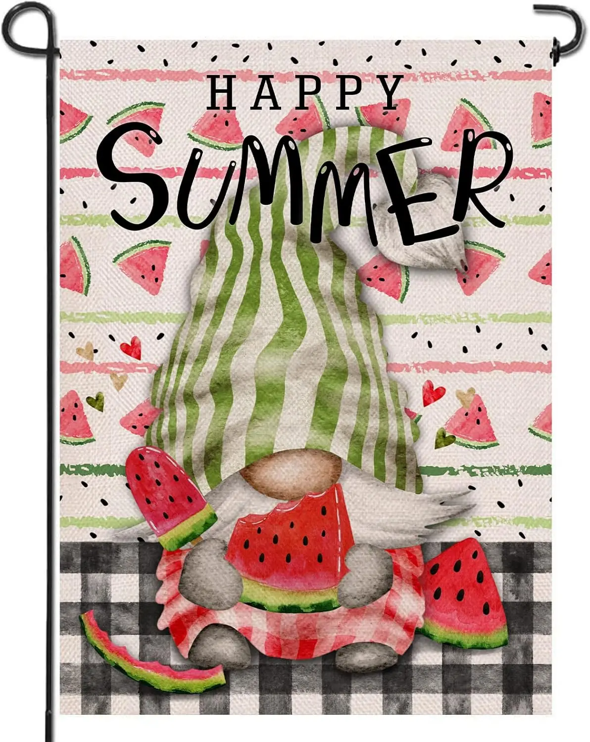 Artofy Happy Summer Gnome Decorative Garden Flag, House Yard Buffalo Plaid Check Decor Watermelon Outdoor Small Burlap Flag Doub