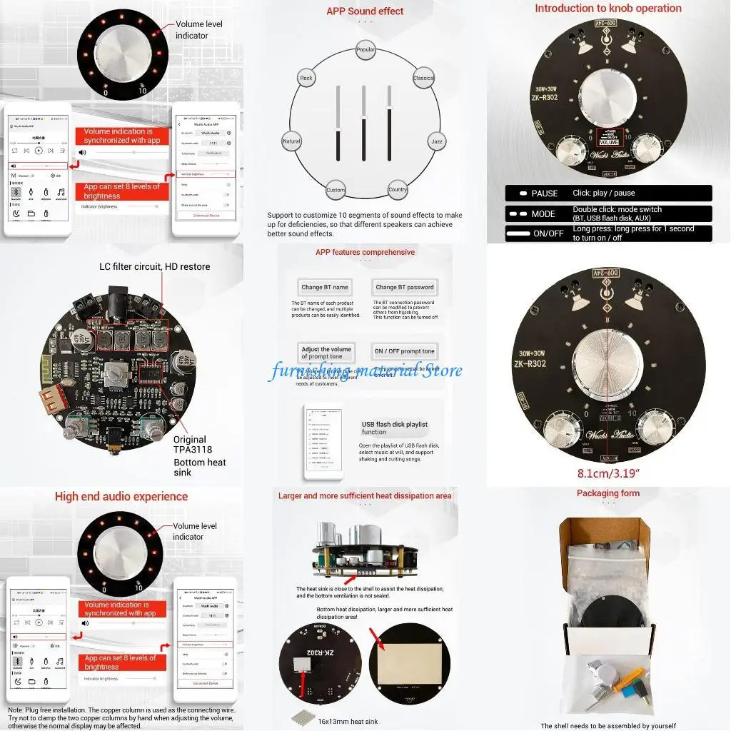 

Y5GD Amplifier Receiver Board Bluetooth-compatible 5.1 for DC 9-24V Digital AUX Amp Module Bass & Treble Control for Home DIY