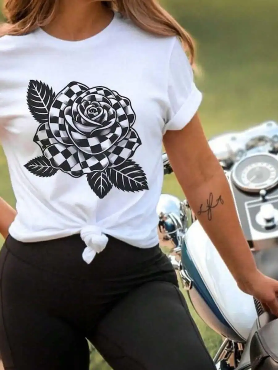 Floral Retro Novelty Apparel T‑Shirt Checkered Flower Checker Rose Retro Vibe Vacation Crew Neck Short Sleeve Casual Graphic Tops
