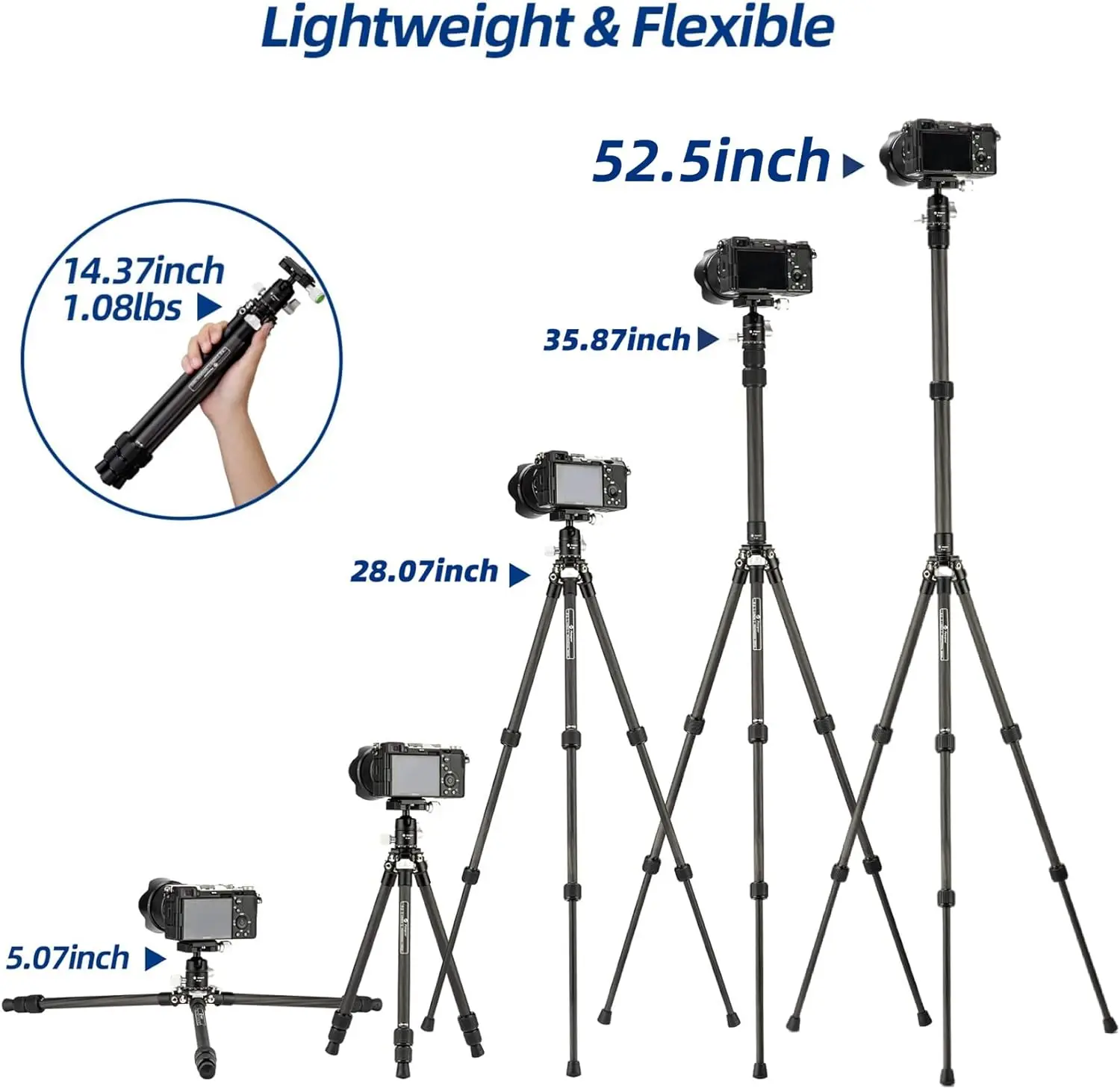 Tripé de viagem leve com cabeça de bola 360, placa QR para câmera DSLR, Fotorpro Carbon Fiber