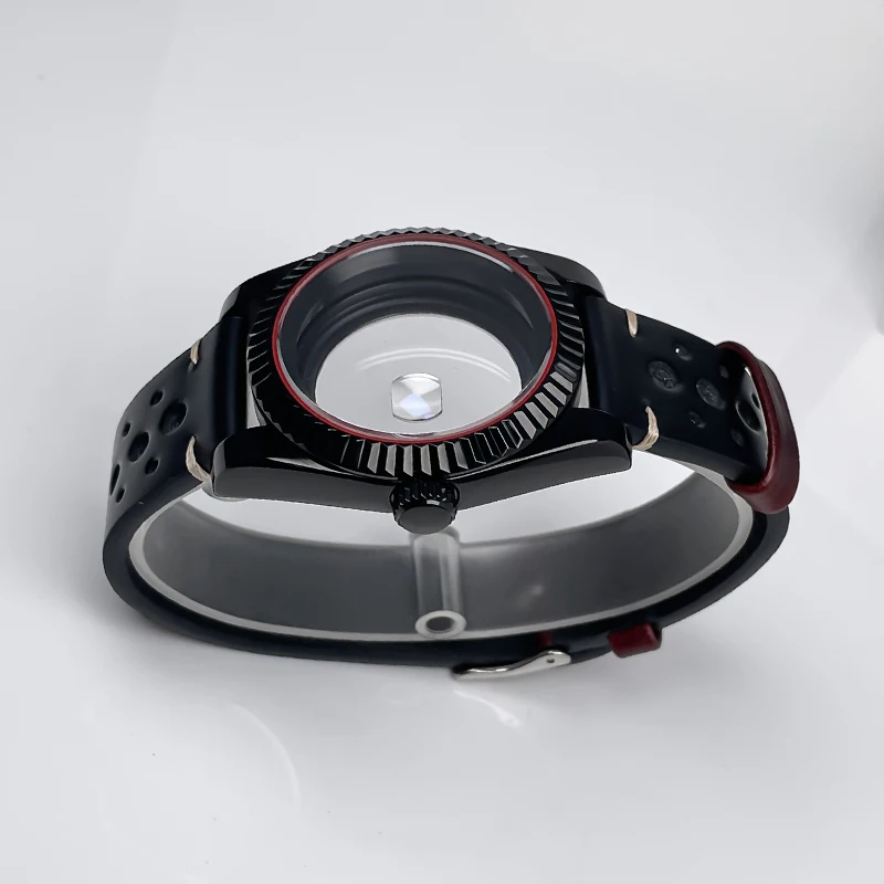 All Black Red Pad Case 39mm NH35 Case Groove Bezel Sapphire Glass Strap Suitable for Seik Mod Diy Suitable for NH35 Movement