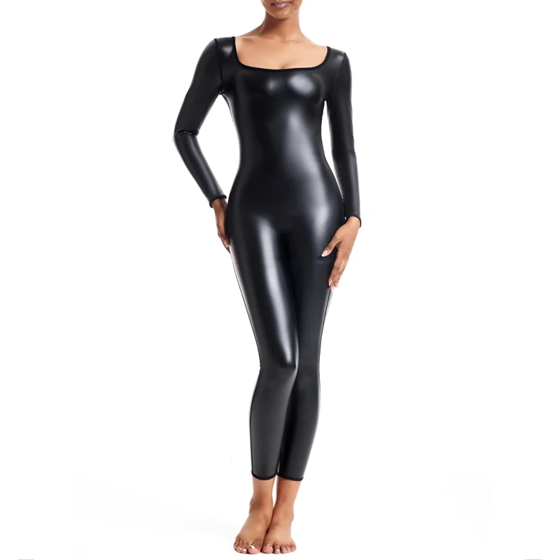 Womens Leather Bodysuit Shapewear Body Shaper Tummy Control Slimming Leggings Thigh Slimmer Long Sleeves Abdomen Shapers Corsets