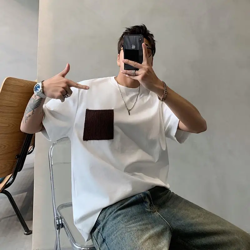 Men's Oversized T-Shirt Cotton Casual Top Summer Short Sleeve Tee for Big and Tall 300kg Comfort Fit Round Neck Pocket Detail