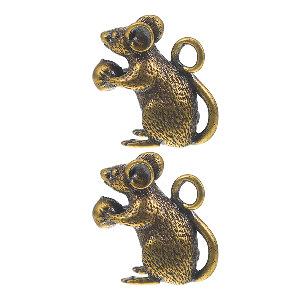 2 pçs encantos de mouse de bronze pingente de rato para chaveiro decoração de mouse de bronze ornamento de mesa mouse do zodíaco chinês pendurado ornamento rato sc