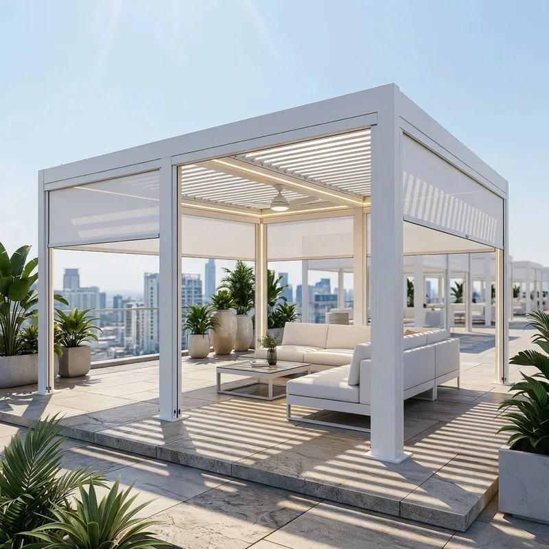 Ventilated Outdoor Aluminum Gazebo Roof with Integrated Ceiling Fan Support Tropical Garden Summer Poolside Lounge Balcony