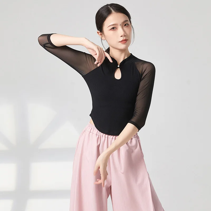 Classical Dance Top Women Body Rhyme Shirt Stretch Slim Gauze Mesh Long Middle Sleeve Stage Clothes Elegant Training Costume Top