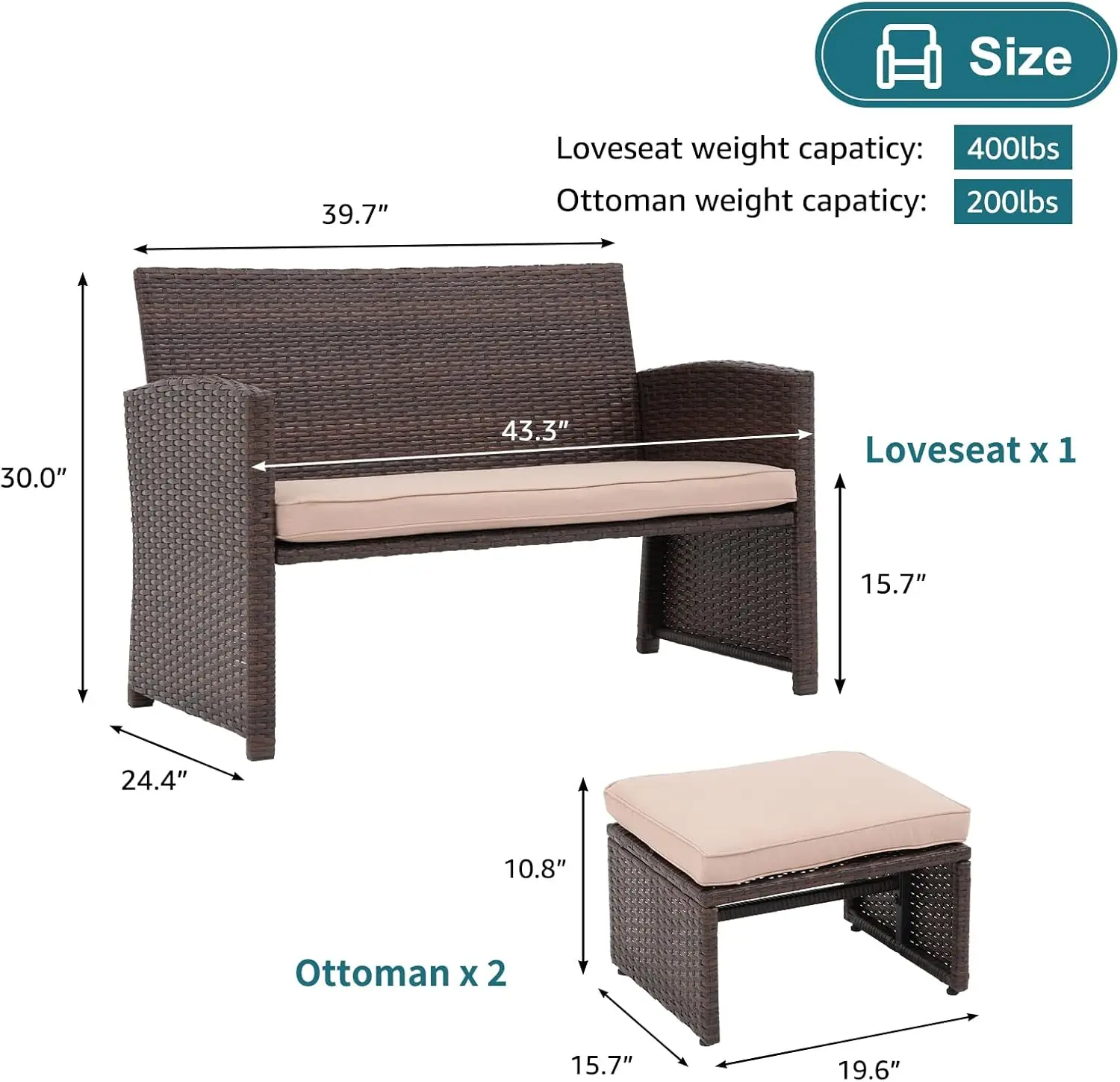 Outdoor 3-Piece Patio Set, Brown Rattan Loveseat with Ottoman & Side Table, Beige, All-Weather Wicker