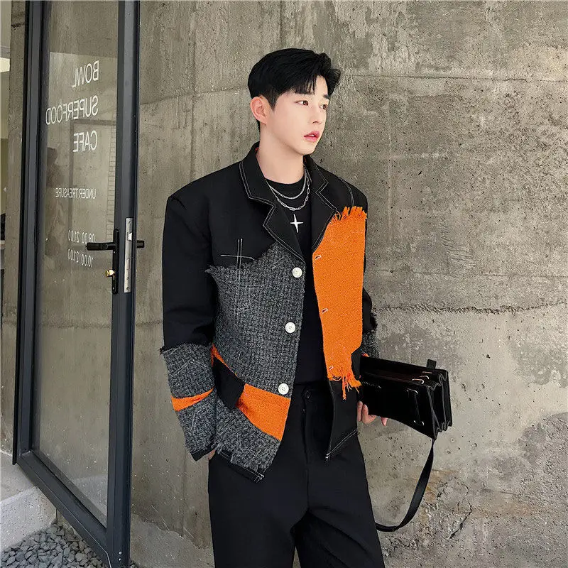 3-D3  Designer ins catwalk wool stitching contrast color suit jacket men's wool mateesign sense fried street handsome suit