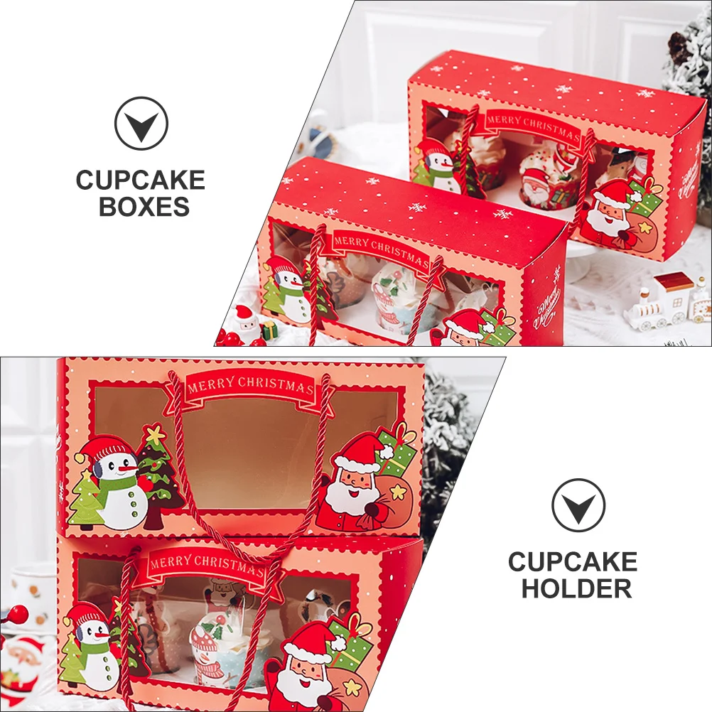 2Pcs Christmas Cupcake Boxes Transparent Window Festive Design Cupcake Holder Bakery Boxes for Parties Christmas Supplies