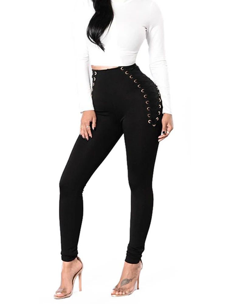 กางเกงเลกกิ้งเอวสูงสีพื้นสำหรับผู้หญิง พร้อมกระชับเอว กางเกงขายาวทรงสตรีท สไตล์ลำลอง สวมใส่สบาย