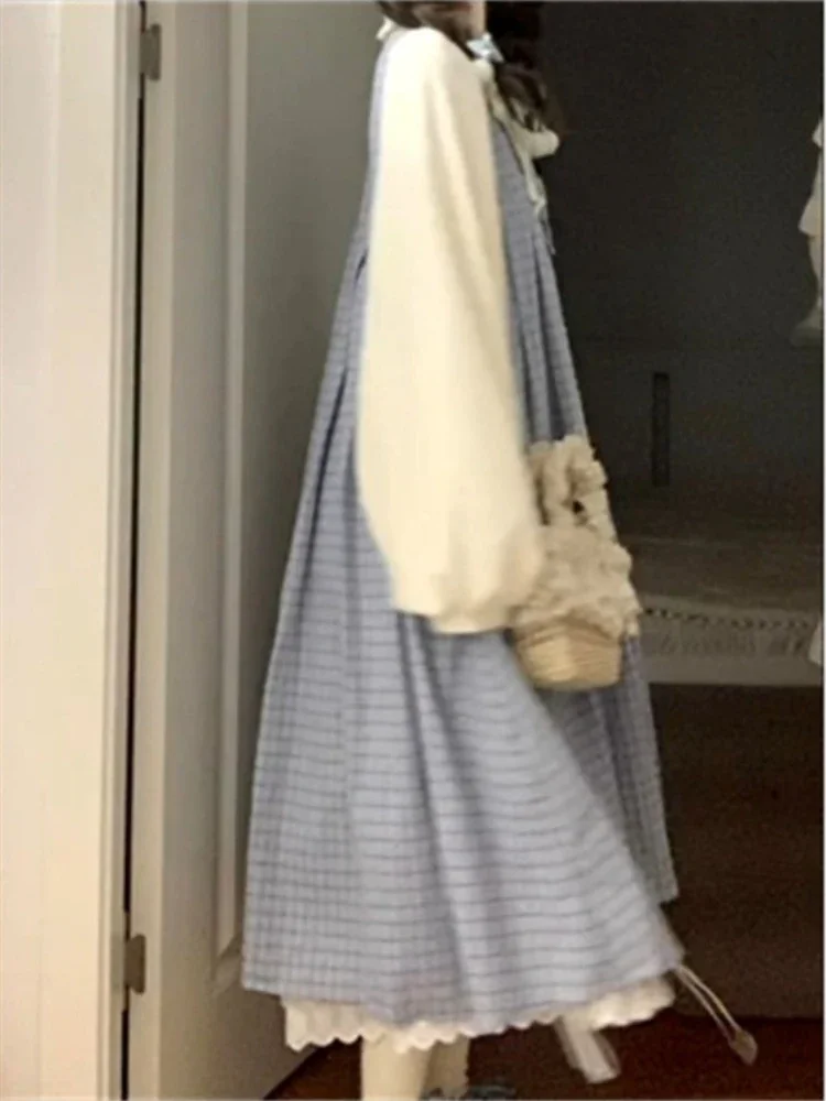 Doux fille japonaise Femme robes décontractées Chic faux deux couleurs contrastées Plaid imprimé Robe Femme Preppy Style doux volants Robe