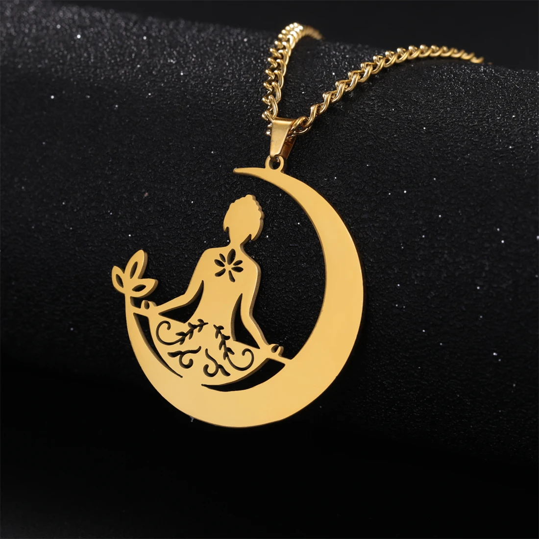 EUEAVAN Indian Buddha Yoga Meditation Necklace for Women Stainless Steel Crescent Moon Healing Pendant Spiritual Amulet Jewelry