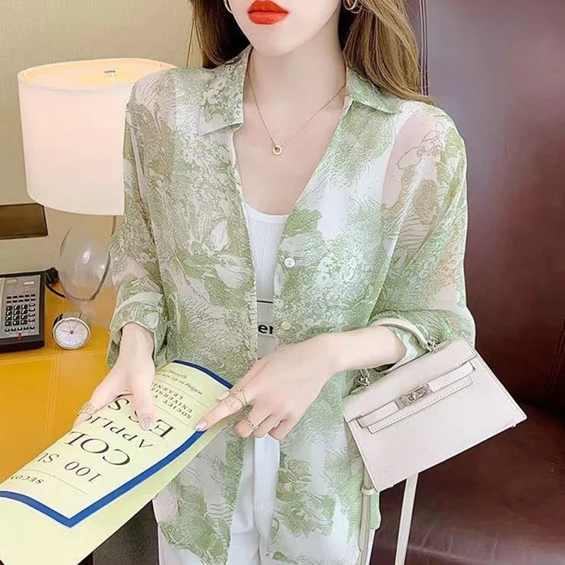 Stylish Lapel Button Printed Bandage Chiffon Shirt Women\'s Clothing 2023 Spring Summer New Casual Tops Loose Office Lady Blouse